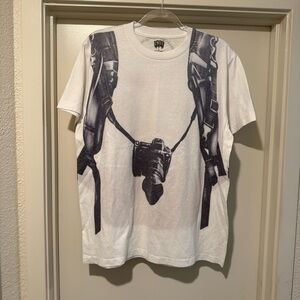 White T-Shirt with Camera/backpacker Print - Vintage Unique
